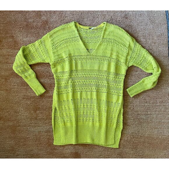 Free People Neon Green Open Knit Sweater XS Long Sleeve V Neck Cotton Blend - Picture 1 of 8
